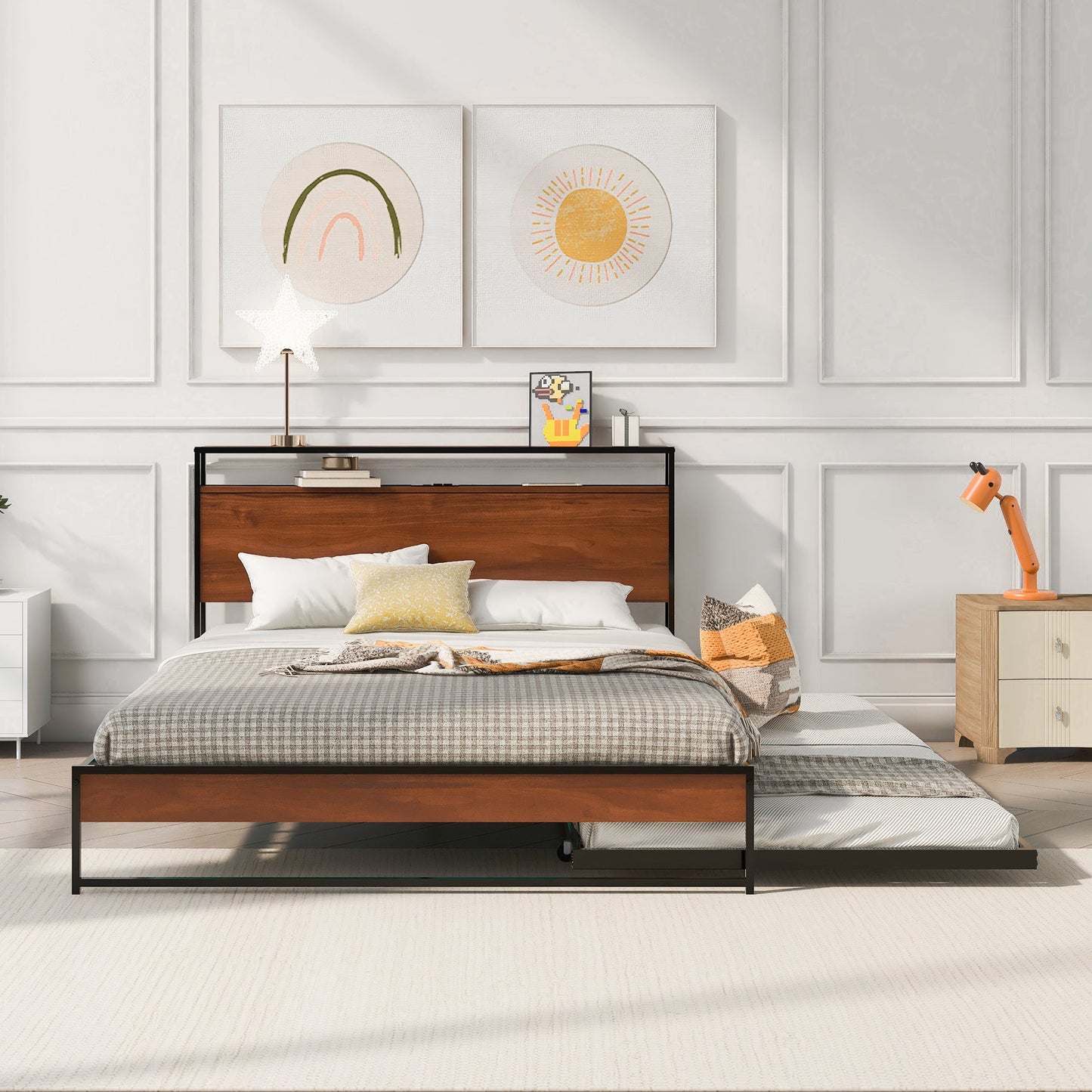 Cama de Plataforma de Metal Tamaño Queen con Trundle y Puertos USB - Negro