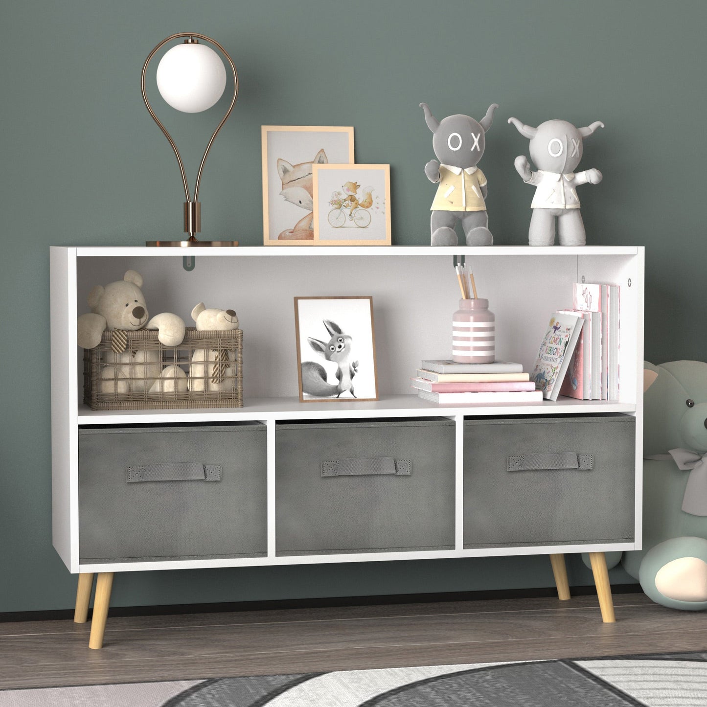Kids bookcase with Collapsible Fabric Drawers Children's Book Display Toy Storage Cabinet Organizer White/Gray - Korvel