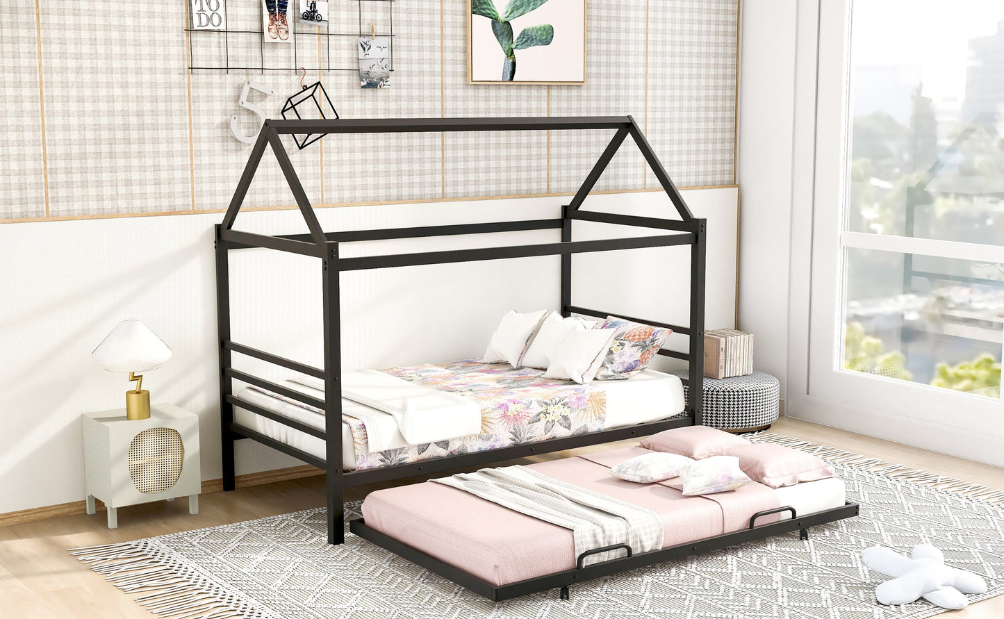 Twin Size Metal House Shape Platform Bed with Trundle - Black