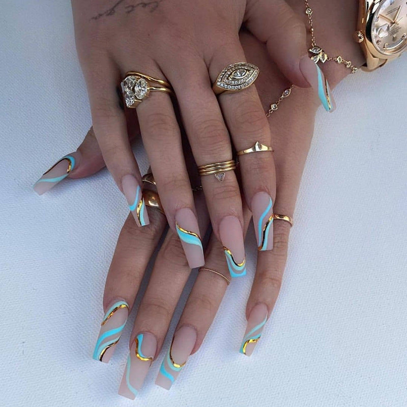 Gold Line Wave Pattern Long Ballet Nail Printed Gold Frosted Manicure Ins Matte Pop Style Contrast Color Wearing Nail - Korvel