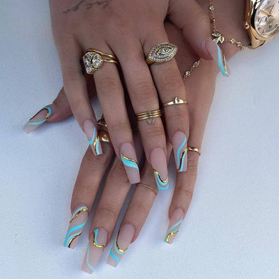 Gold Line Wave Pattern Long Ballet Nail Printed Gold Frosted Manicure Ins Matte Pop Style Contrast Color Wearing Nail - Korvel