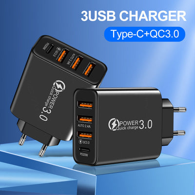 3USB+PD Type-C mobile phone charger with multiple USB ports, travel charging head - Korvel
