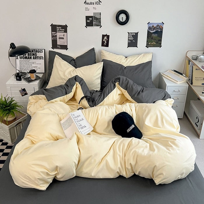 Washed Cotton Solid Color Double Spliced Four-Piece Bedding Set - Sheet, Quilt Cover, Pillowcases for Employee and Dormitory Use - Korvel