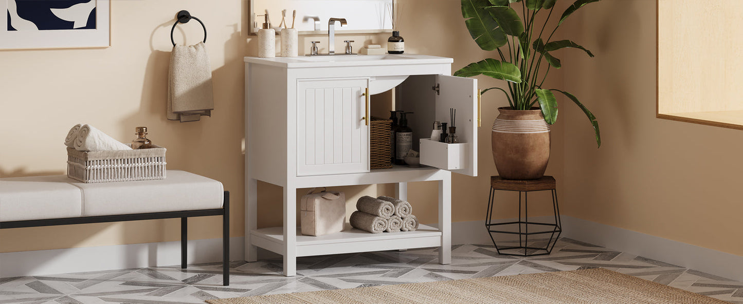 30-Inch White Bathroom Vanity with Ceramic Sink and Versatile Storage - Ideal for Small Bathrooms - Korvel