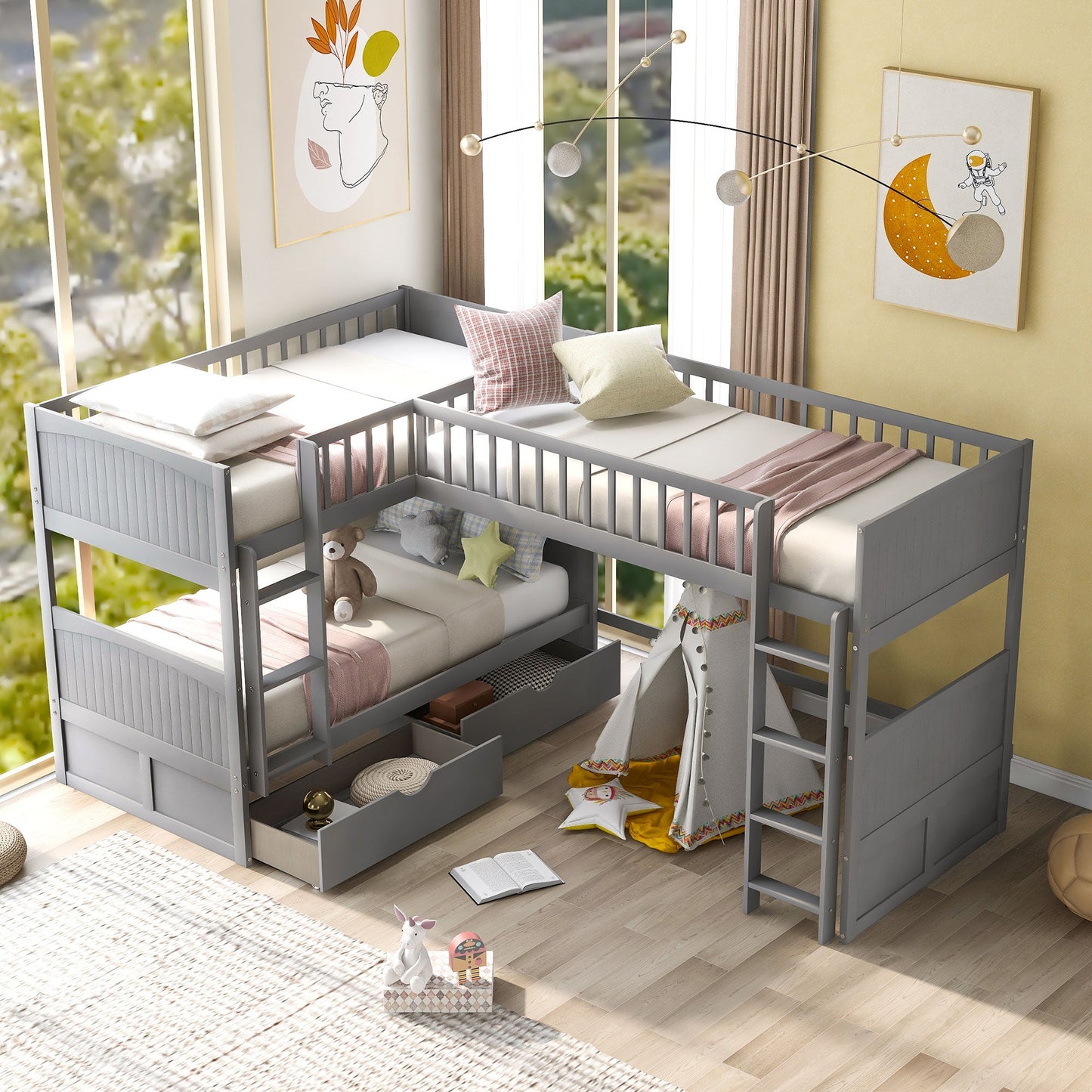 Twin Size Bunk Bed with a Loft Bed attached, with Two Drawers,Gray - Korvel