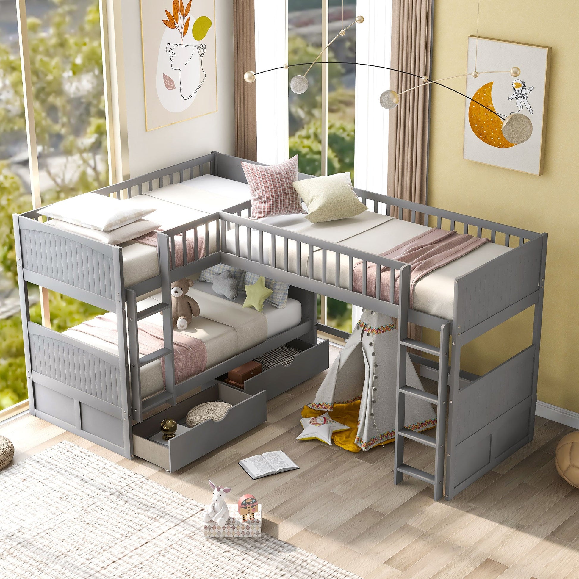 Twin Size Bunk Bed with a Loft Bed attached, with Two Drawers,Gray - Korvel