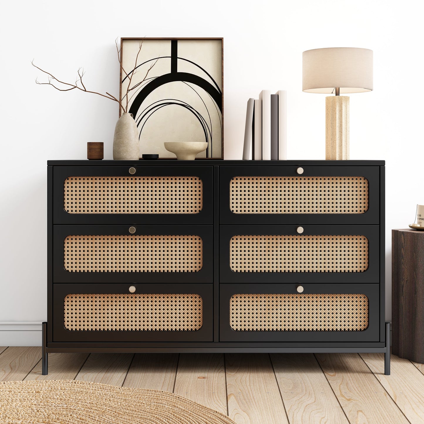 Commode moderne en bois de vignes de chanvre à 6 tiroirs en noir
