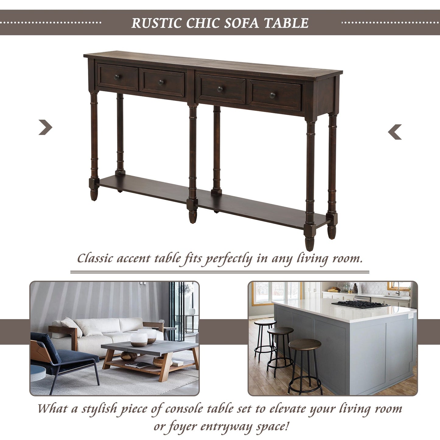 TREXM Espresso Console Table with Storage Drawers