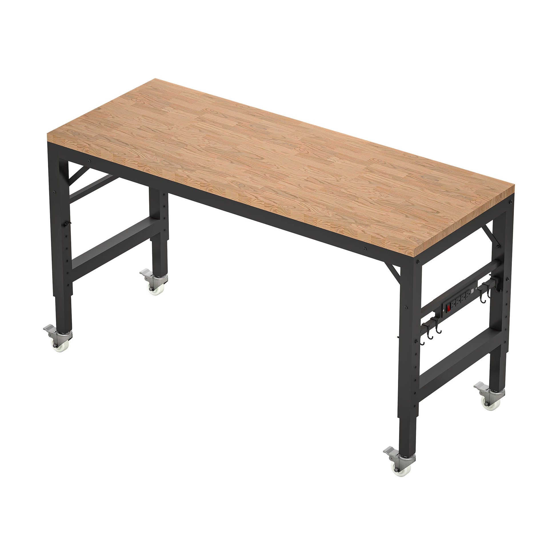 60 inch adjustable garage workbench, rubber wood heavy-duty workstation with power socket and wheels, 2000 pound load capacity - Korvel
