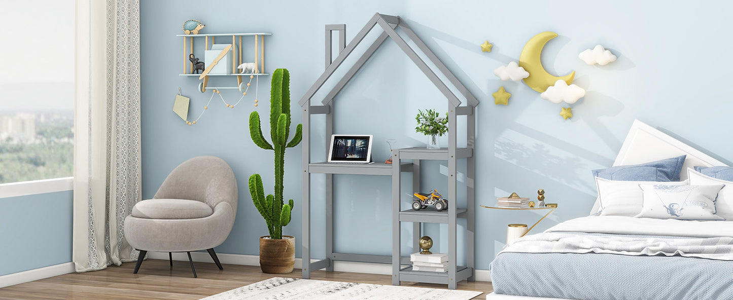 House-shaped Wooden writing Desk,Kids study Table,Bookshelf & Toy Storage,Grey - Korvel