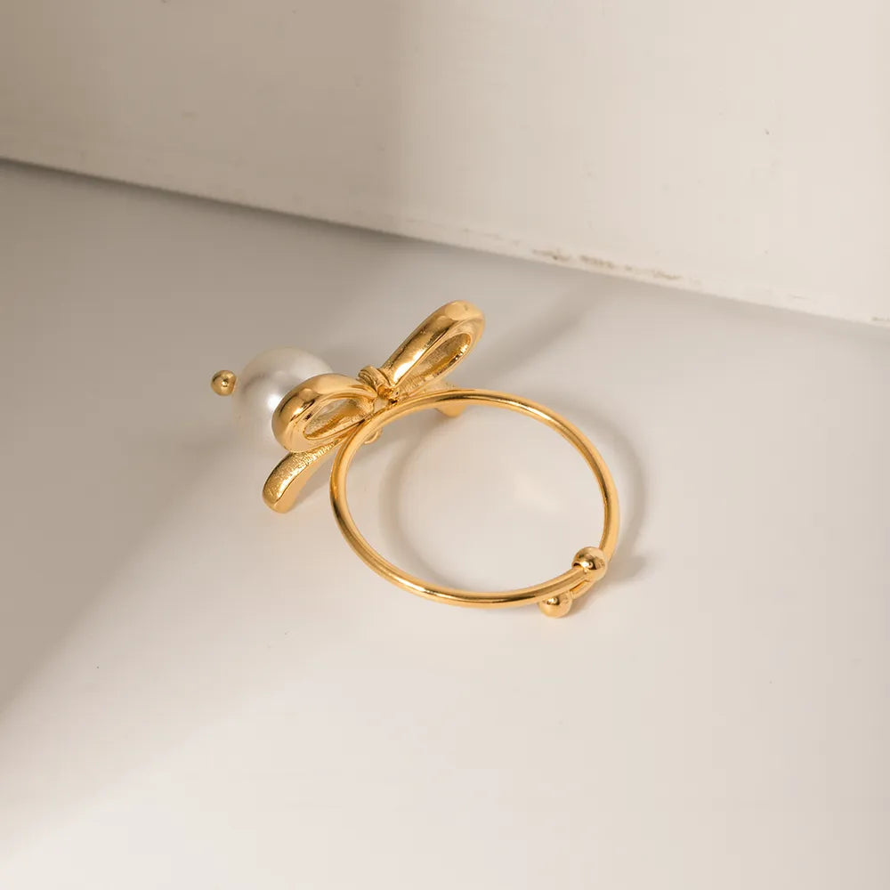 Elegant Stainless Steel Pearl Bow Ring