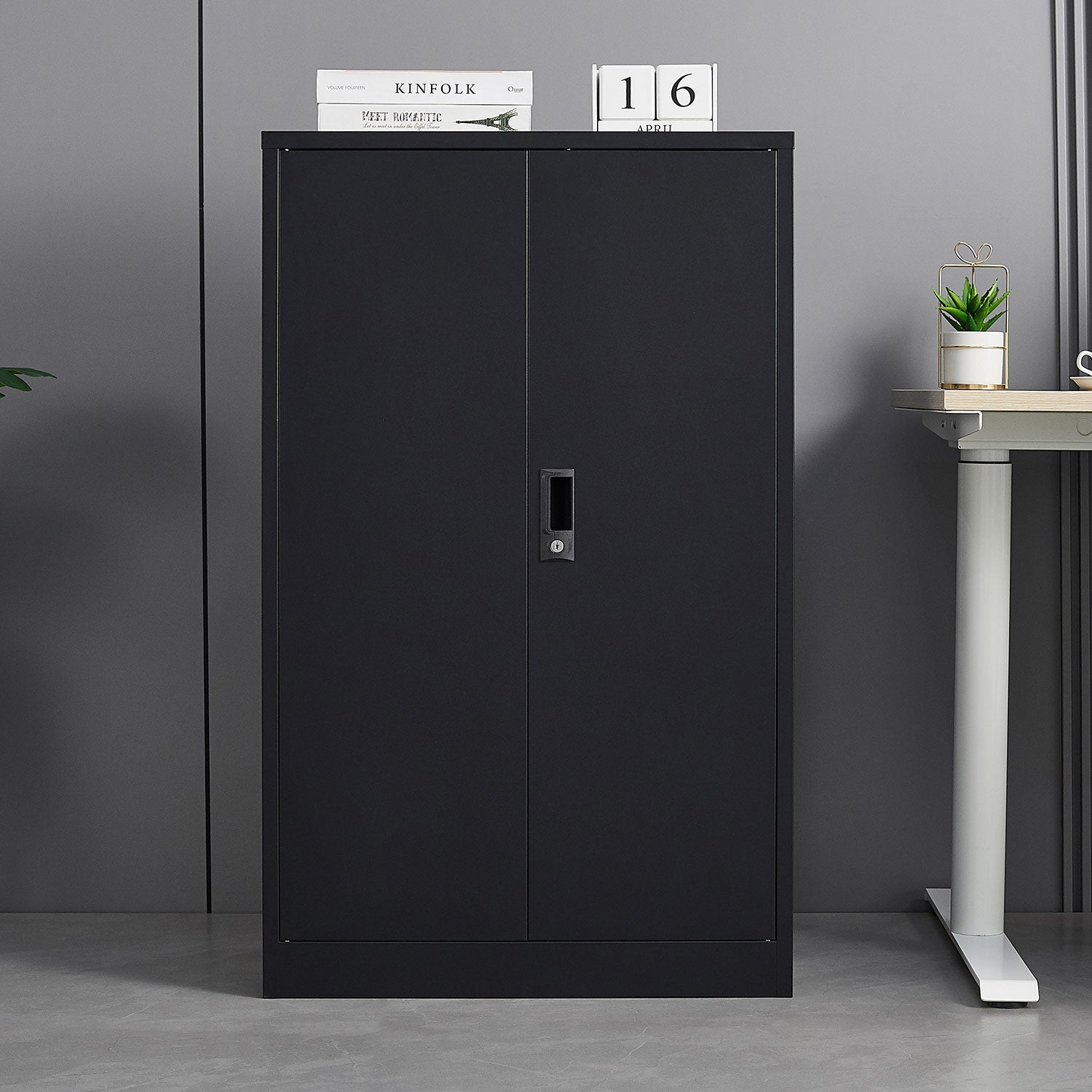 Metal storage cabinet with locked door and adjustable shelf foldable storage cabinet black - Korvel