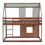 Wood Twin Size House Bunk Bed with Roof, Ladder and 2 Windows, Oak & Smoky Grey - Korvel