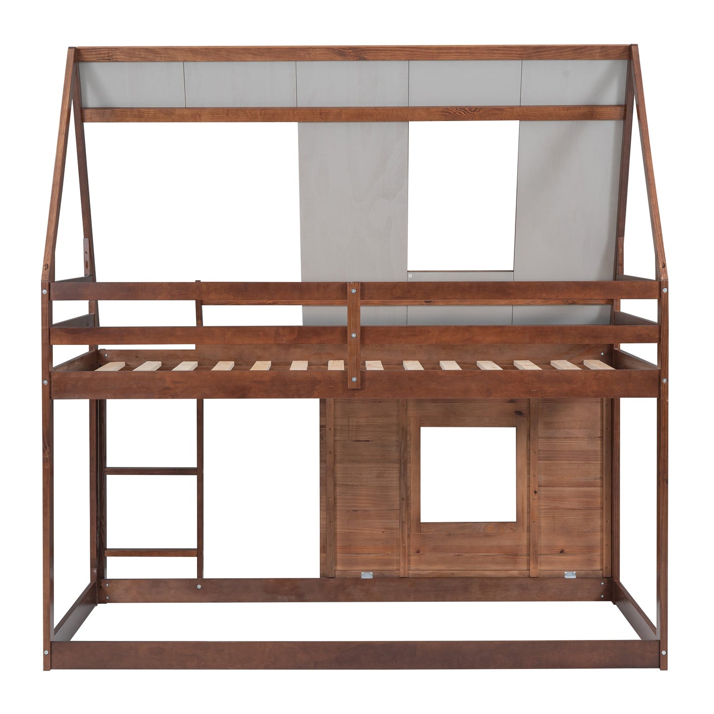 Wood Twin Size House Bunk Bed with Roof, Ladder and 2 Windows, Oak & Smoky Grey - Korvel