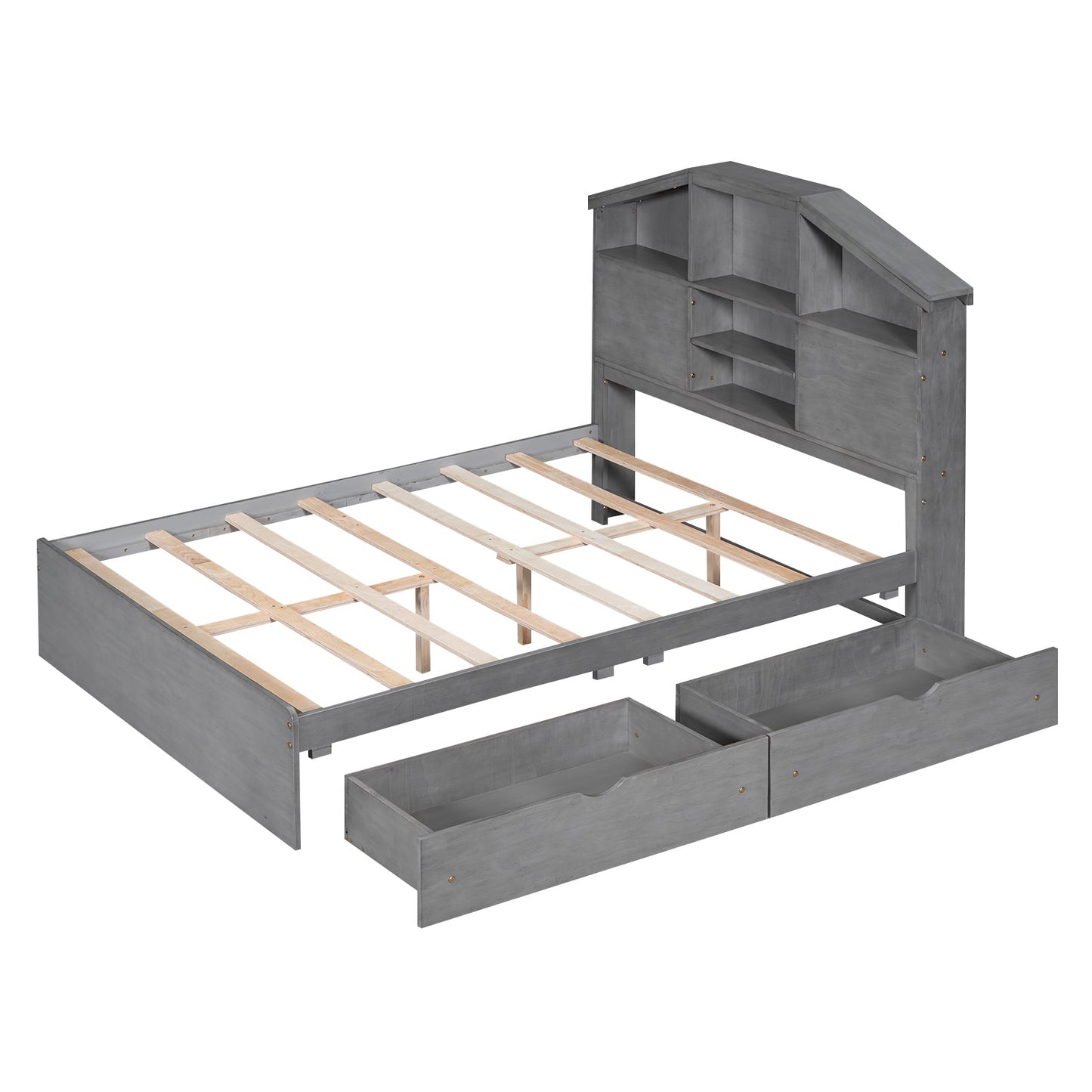 Full Size Wood Platform Bed with Storage Headboard - Gray