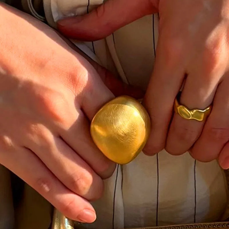 Gold Color Metal Rings Irregular Geometric Wide Noodle Finger Fing for Women Jewelry Retro Light Luxury  New Gift Accessorie - Korvel