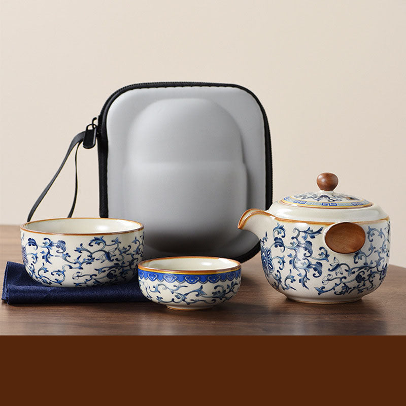 Elegante juego de té de viaje Ru kiln en azul y blanco