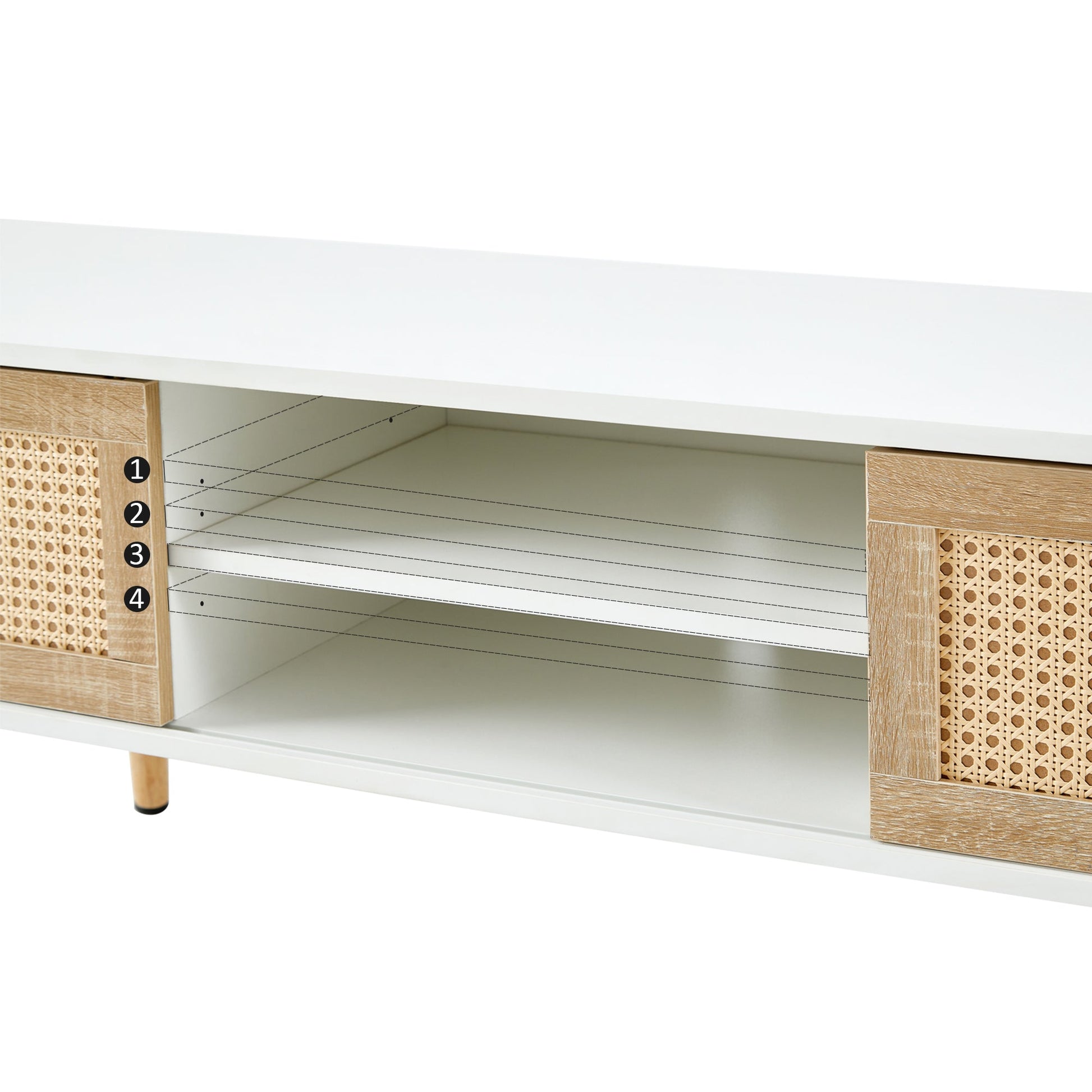 55.12" Rattan TV cabinet double sliding doors for storage adjustable shelf solid wood legs TV console for living room  White - Korvel