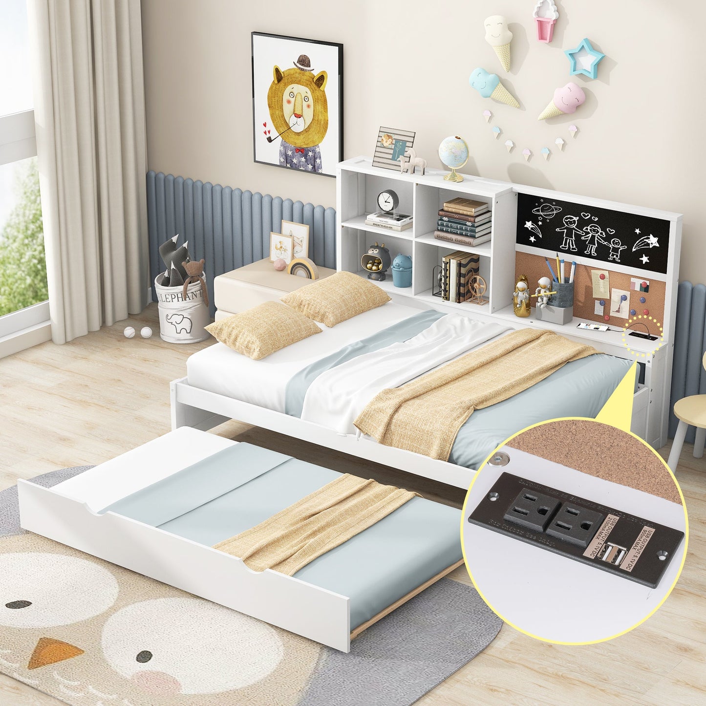 Full Size Daybed with Storage Shelves, Blackboard, Cork board, USB Ports and Twin Size Trundle  White - Korvel