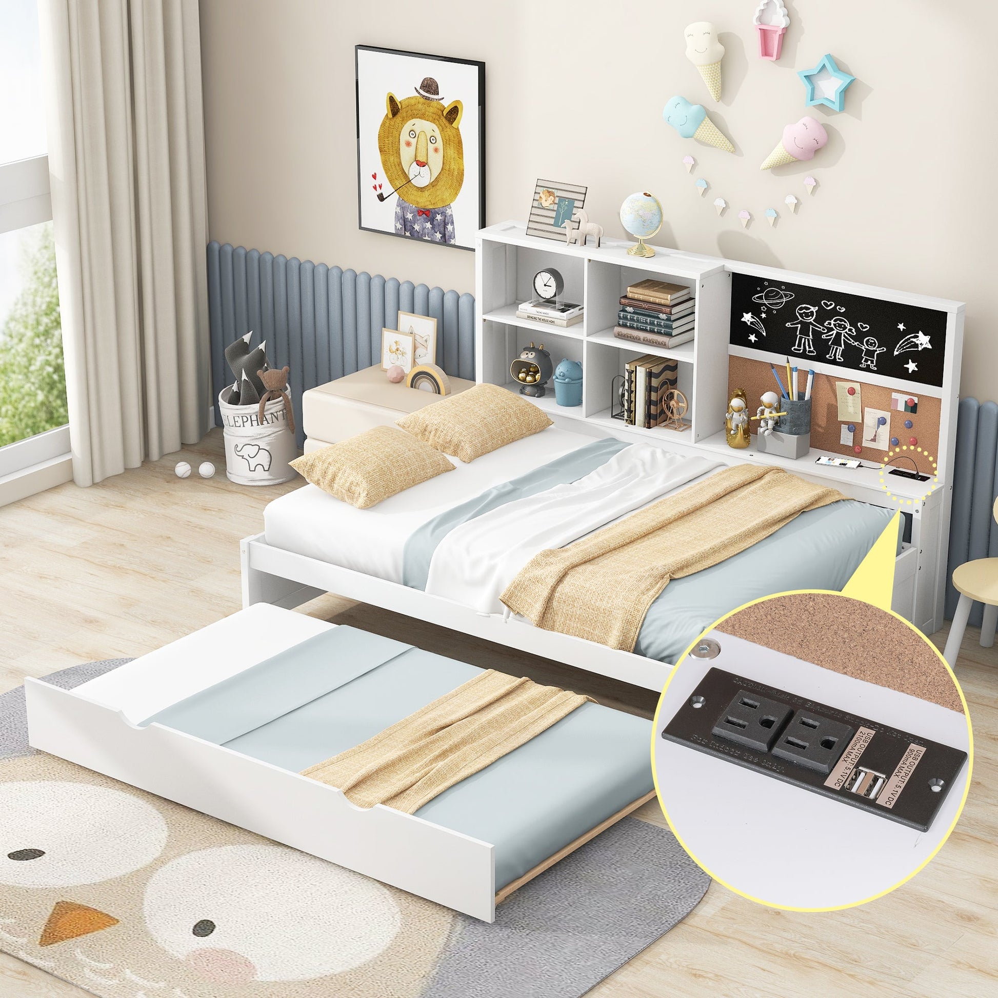 Full Size Daybed with Storage Shelves, Blackboard, Cork board, USB Ports and Twin Size Trundle  White - Korvel