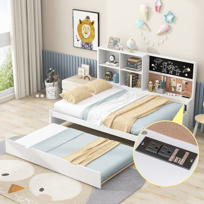 Full Size Daybed with Storage Shelves, Blackboard, Cork board, USB Ports and Twin Size Trundle  White - Korvel
