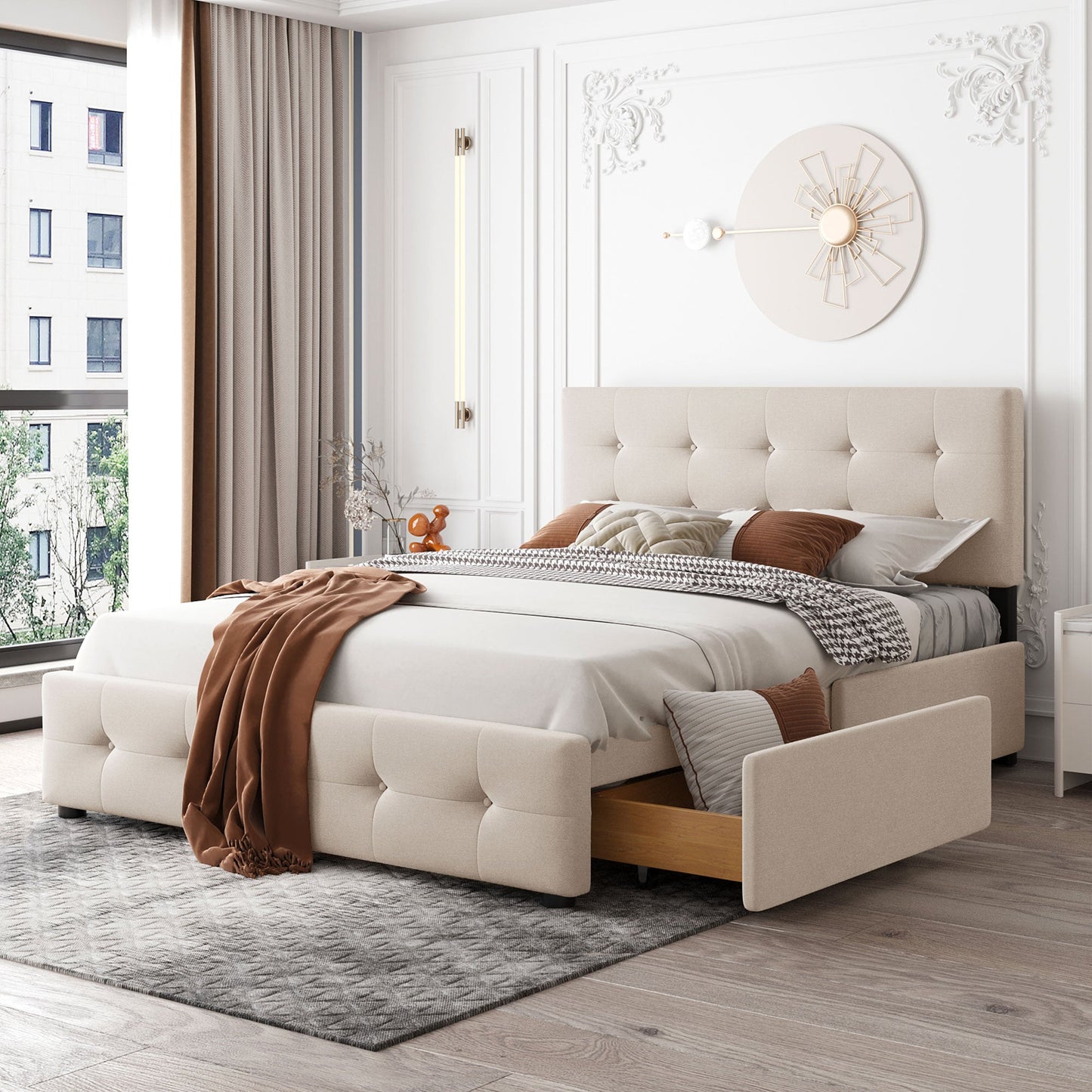 Upholstered Platform Bed with Classic Headboard and 4 Drawers No Box Spring Needed Linen Fabric Queen Size Beige - Korvel