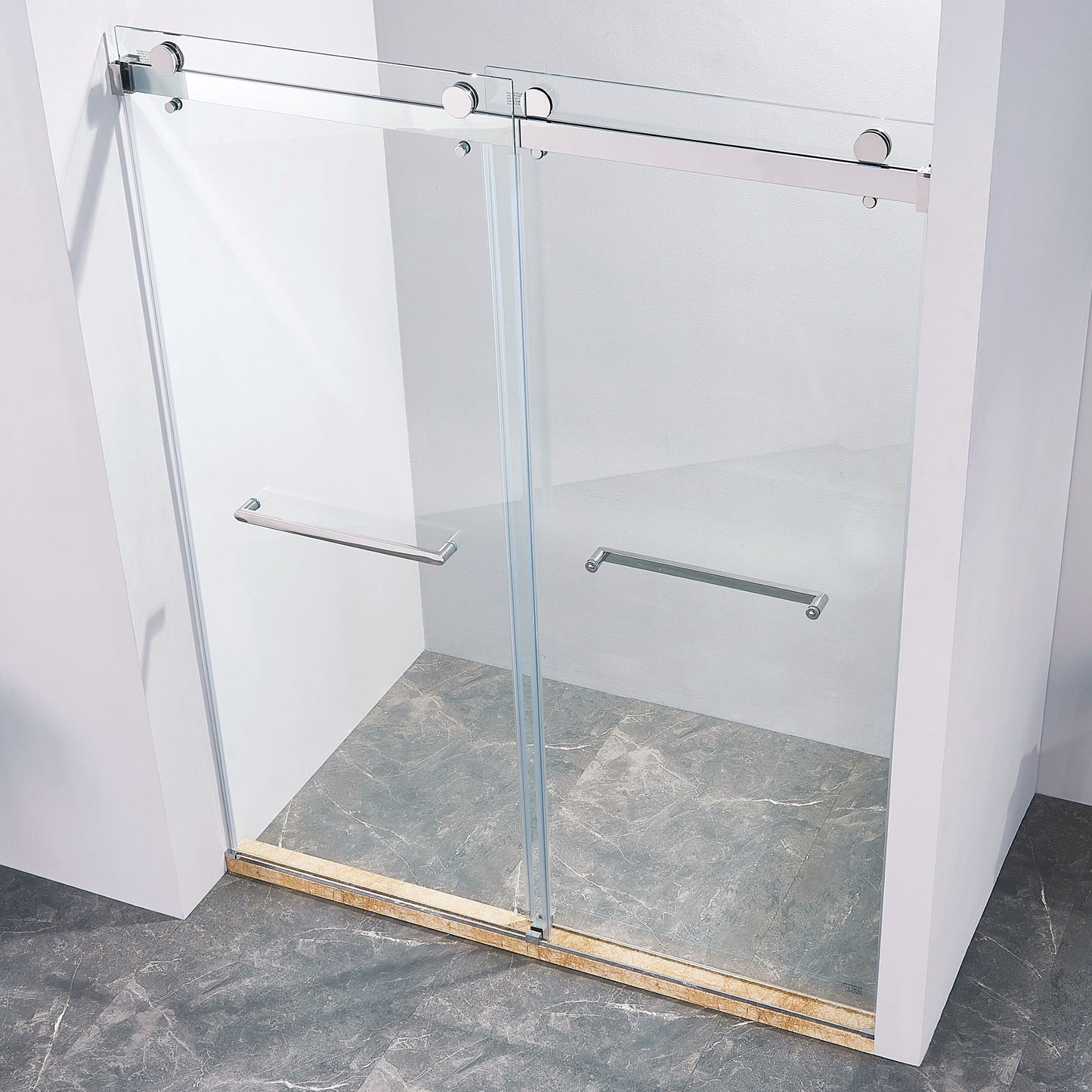 56-60 "wide x 75" high frameless double sliding shower door, 304 stainless steel chrome plated, 8mm thick SGCC tempered transpar - Korvel