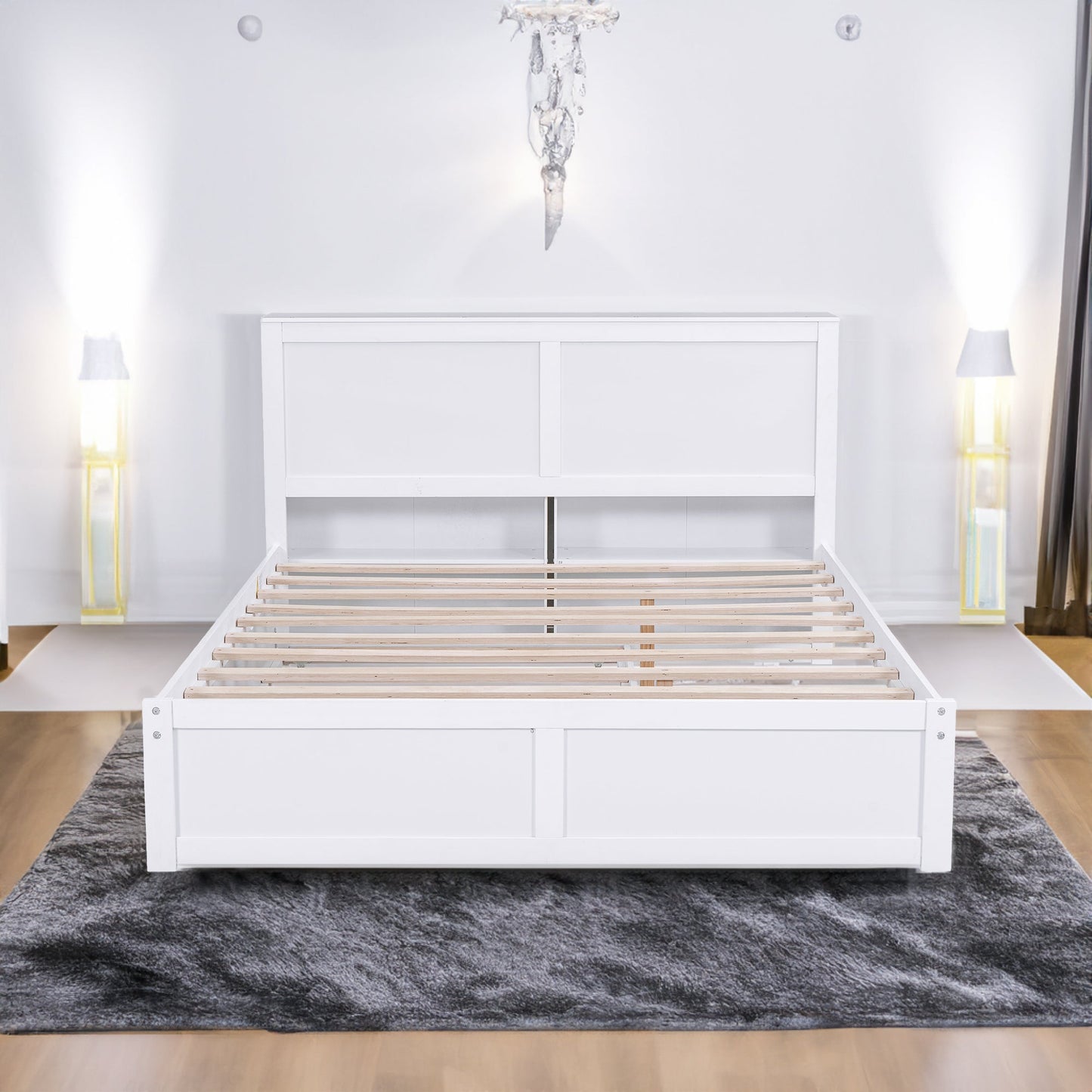 Queen Size Storage Platform Bed with Pull Out Shelves and Twin XL Size Trundle  White - Korvel