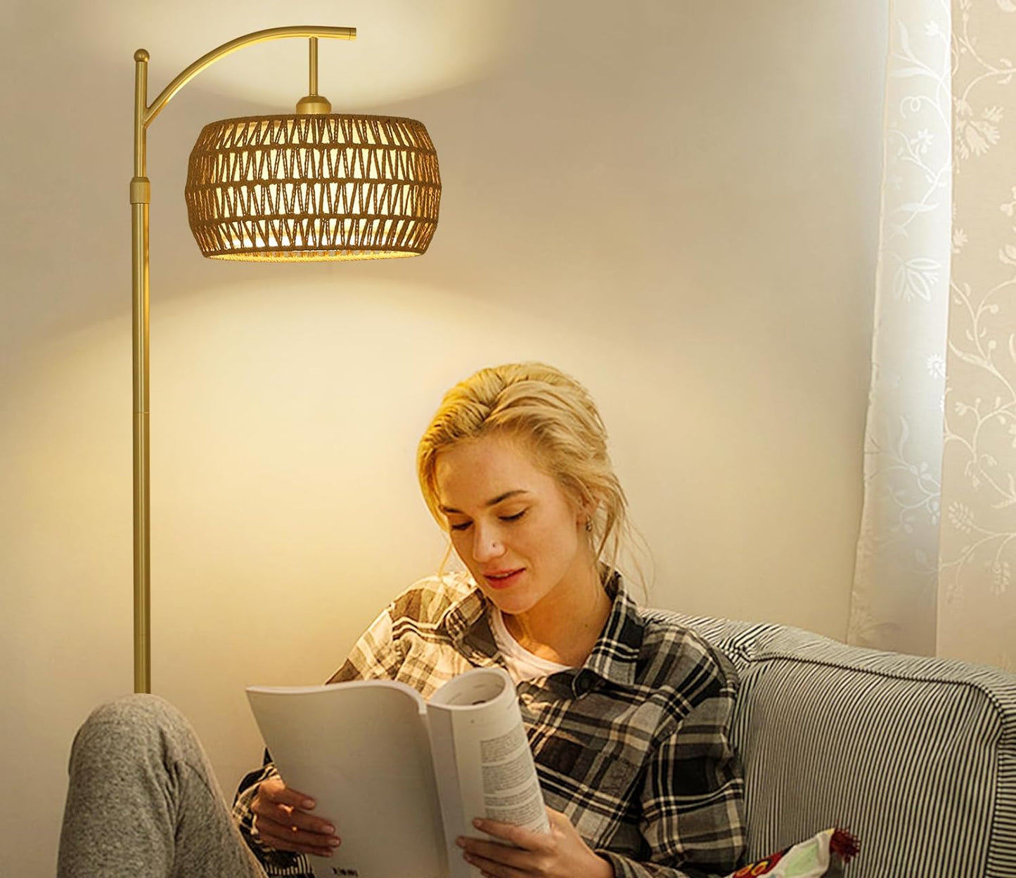 Arc Floor Lamp with 3 Color Temperatures, LED Gold Floor Lamp with Remote & Stepless Dimmable Bulb, Boho Standing Lamp - Korvel