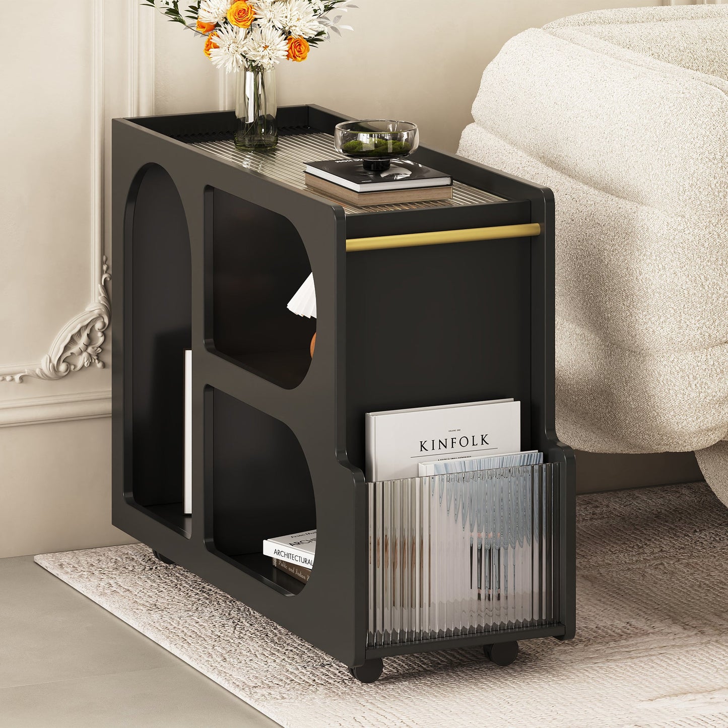 Stylish mobile desk with lockable wheels,bedside table with 5mm thick grooved tempered glass and gold round bars ，black - Korvel