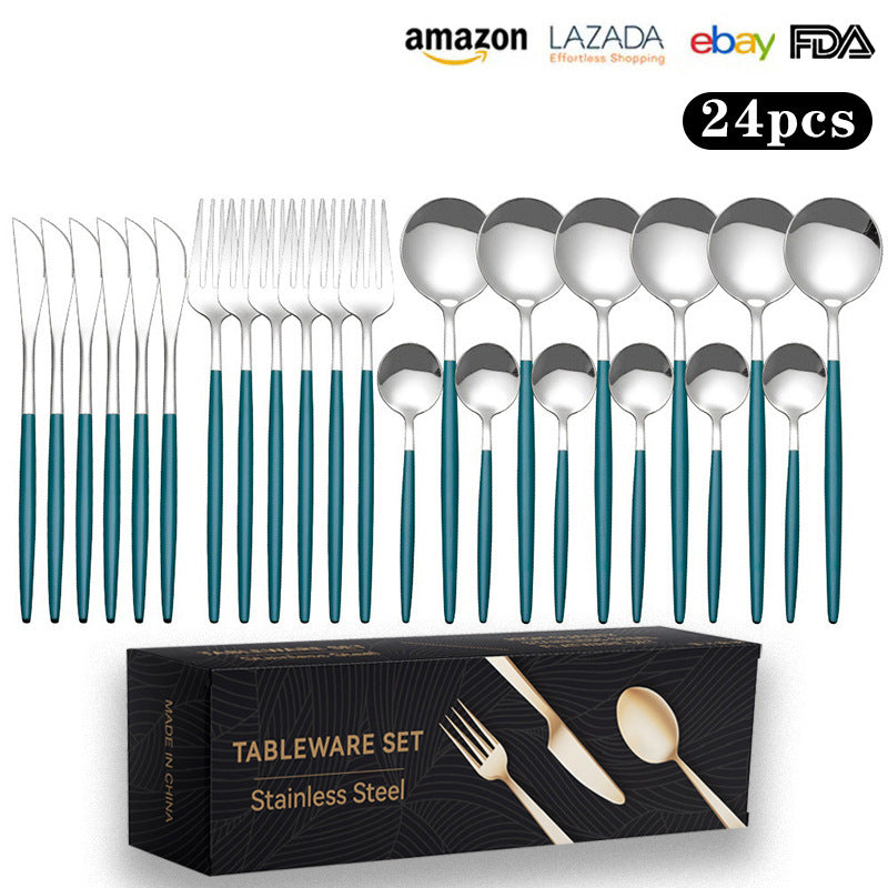 Cutlery Set Stainless Steel Knife Fork Set 24-Piece Tableware Set Golden Steak Knife Fork Spoon 6-Person Set - Korvel