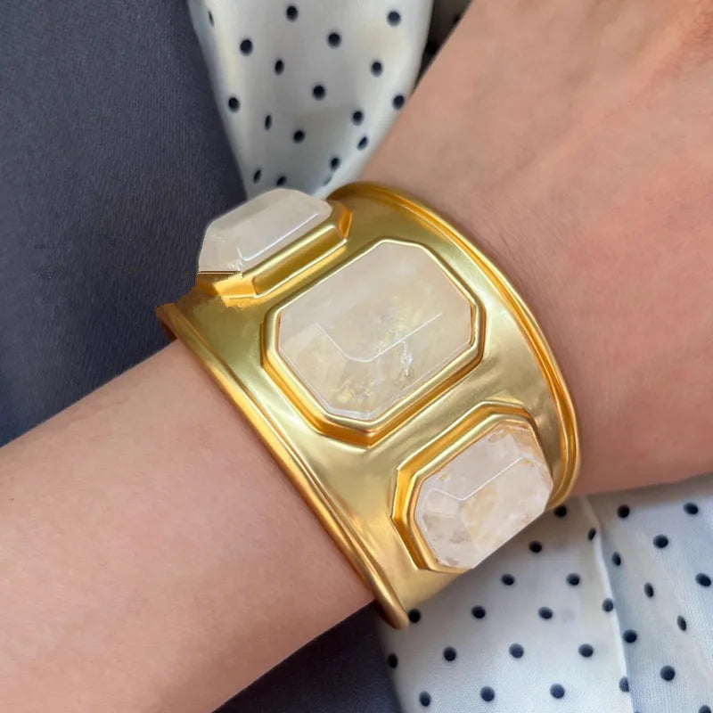 Brass Natural Stone Crystal Open Bracelet Gold Color Metal Bangle for Woman Jewelry Luxury Europe Trend Gifts Accessories - Korvel