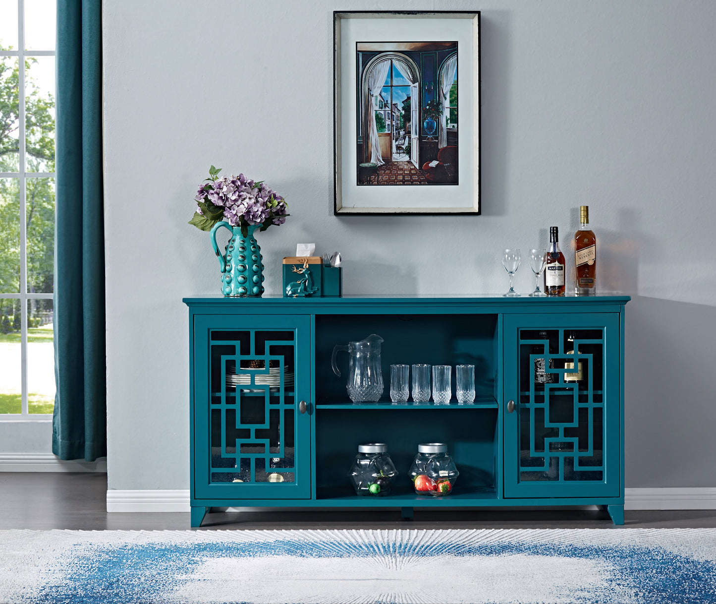 60" Teal Blue Sideboard Buffet Table & Storage Cabinet