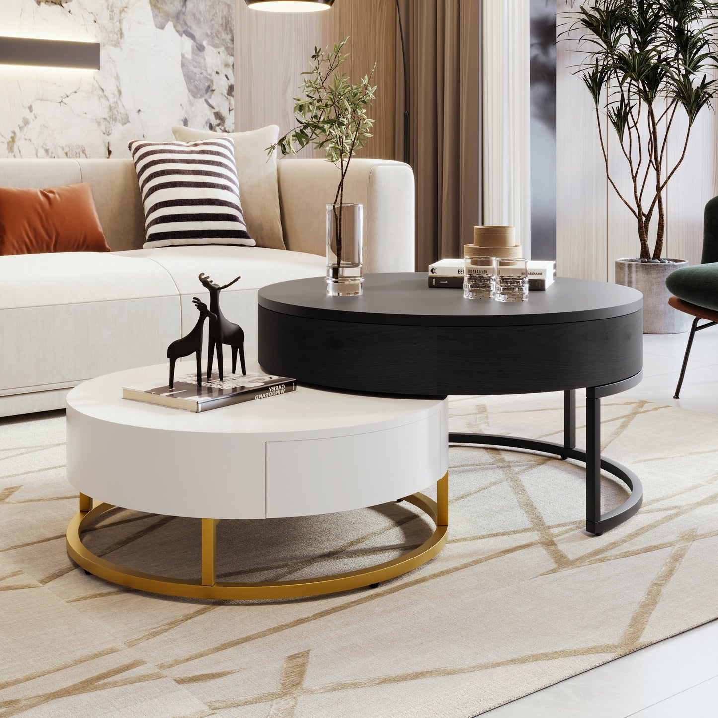 Tables basses empilables rondes modernes avec plateau relevable et tiroirs