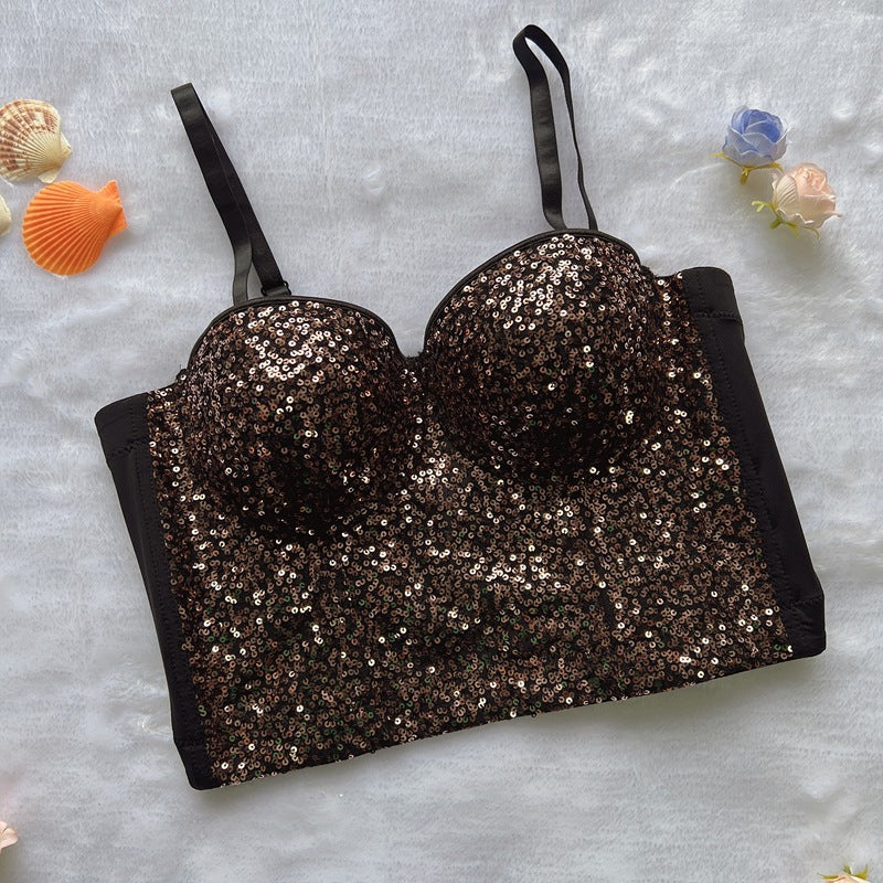 Sexy strapless sequins slim fit and slimming waist tied vest with camisole straps - Korvel