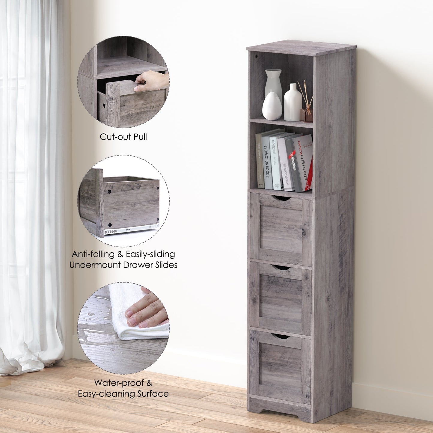 Armoire de salle de bain grise élégante avec 3 tiroirs et 2 étagères