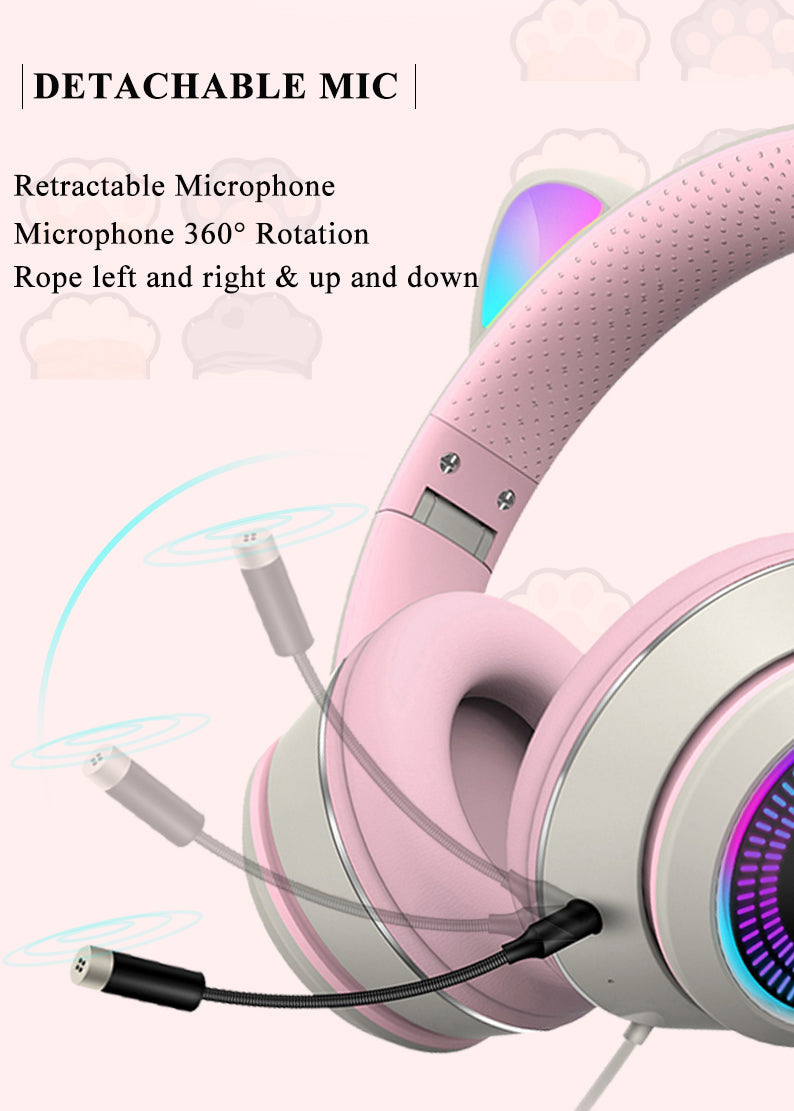 AKZ-023 New RGB Luminous Cat Ear Wired Headset USB With Sound Card Game Headset Learning Headset - Korvel
