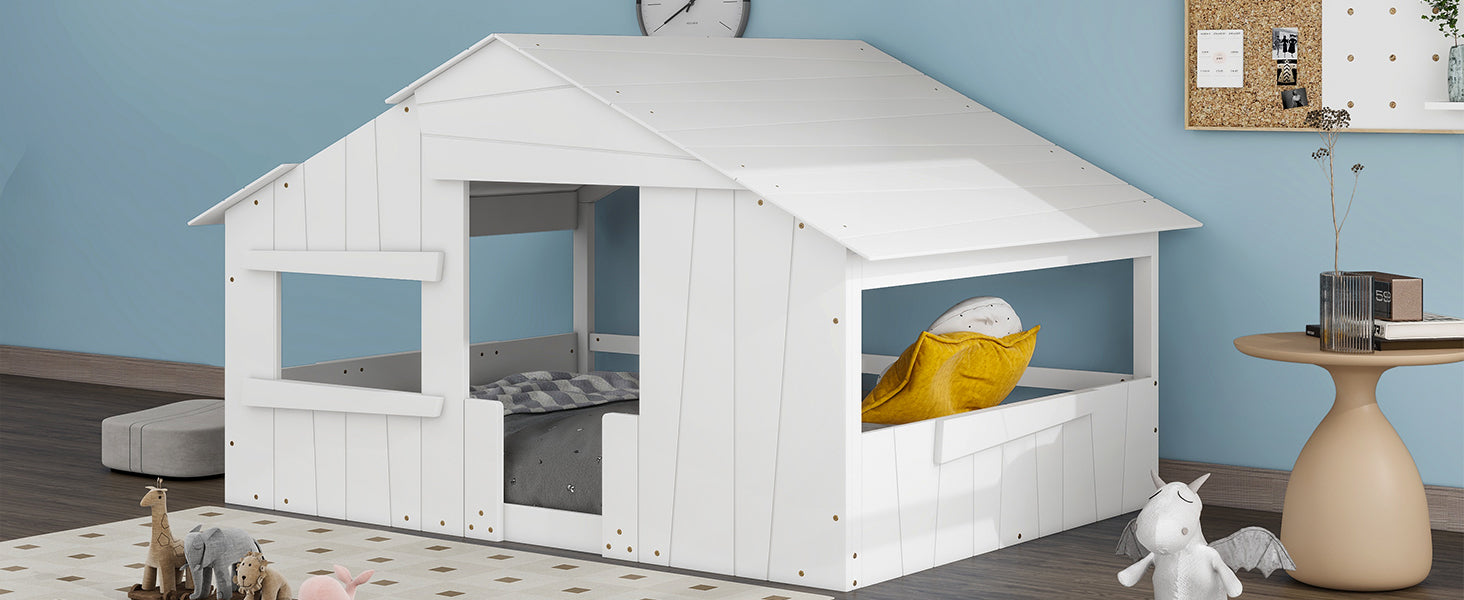 Wood Full Size House Bed with Roof, Window and Guardrail White - Korvel