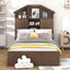 Twin Size Wood Platform Bed with House-shaped Storage Headboard and 2 Drawers Walnut - Korvel