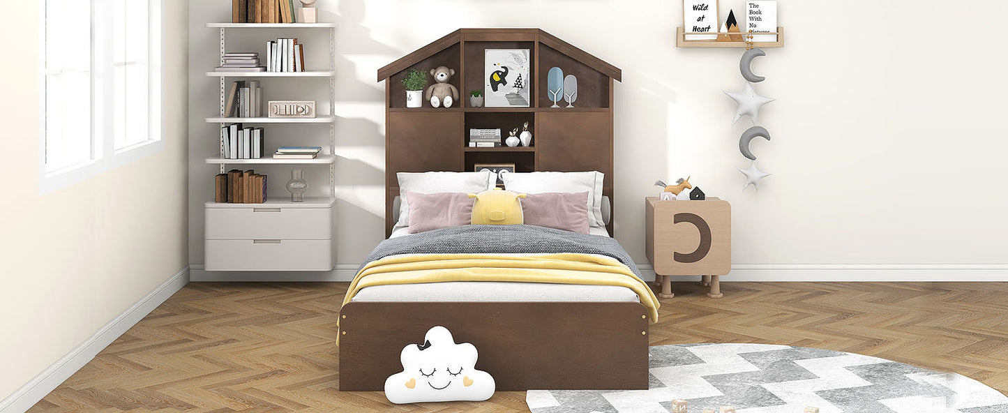 Twin Size Wood Platform Bed with House-shaped Storage Headboard and 2 Drawers Walnut - Korvel