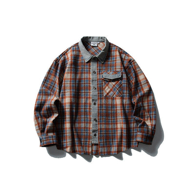 Color blocked denim patchwork brushed plaid shirt for men and women - Korvel