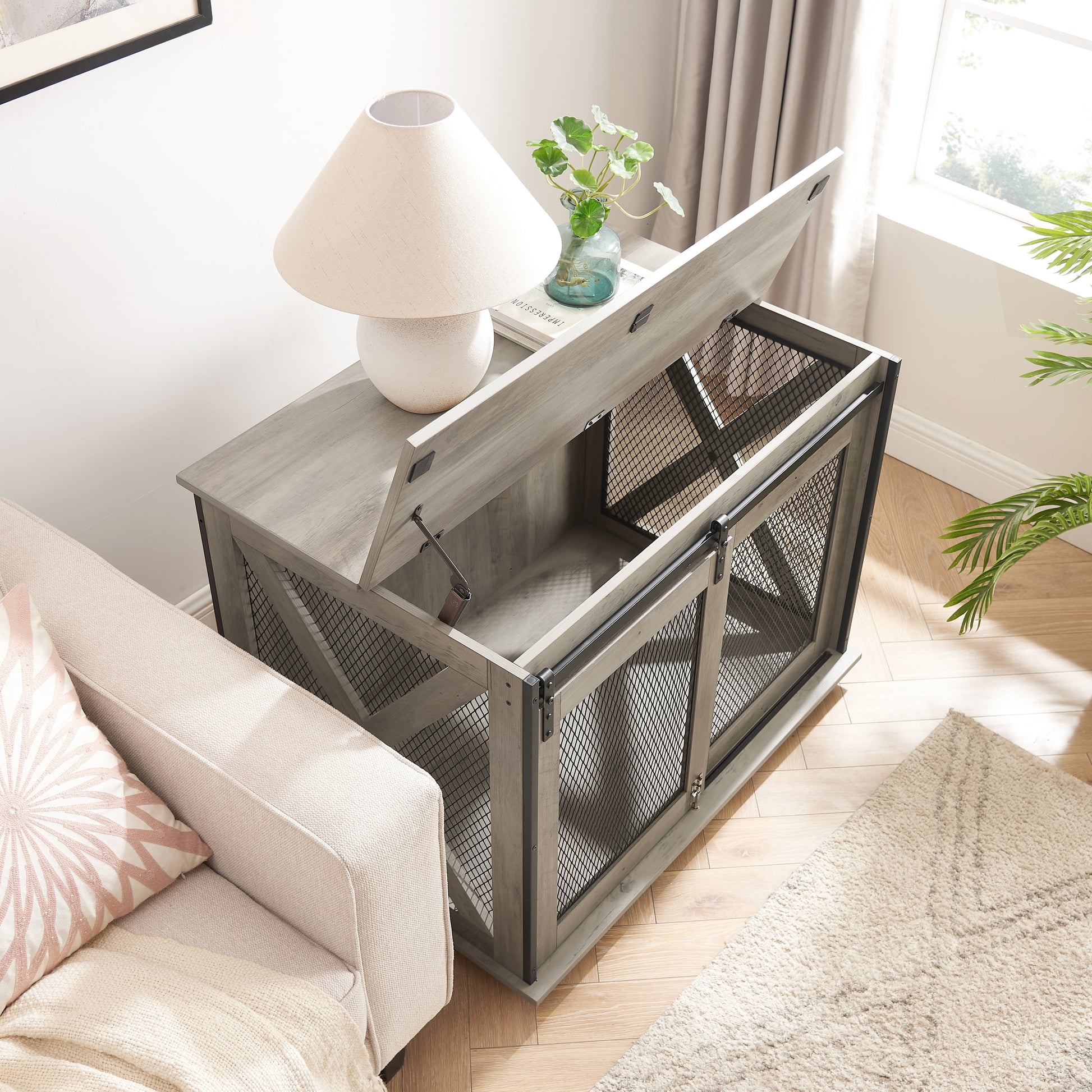 Farmhouse Dog Cage Crate Furniture with Sliding Barn Door, Farmhouse Wooden Dog Kennel End Table with Flip-top Plate Dog House - Korvel