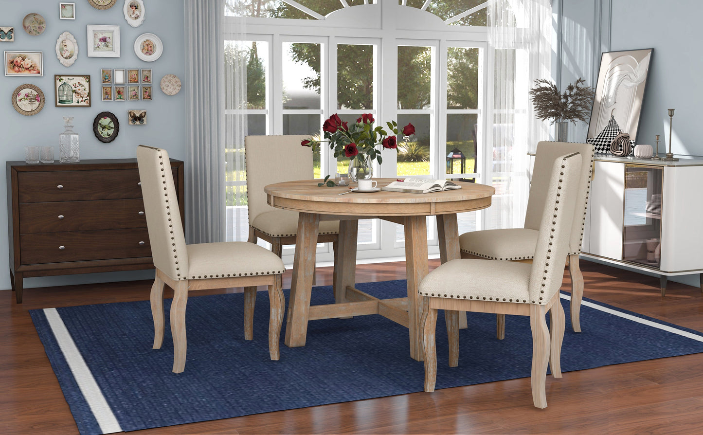 TREXM 5-Piece Farmhouse Dining Table Set Wood Round Extendable Dining Table and 4 Upholstered Dining Chairs (Natural Wood Wash) - Korvel