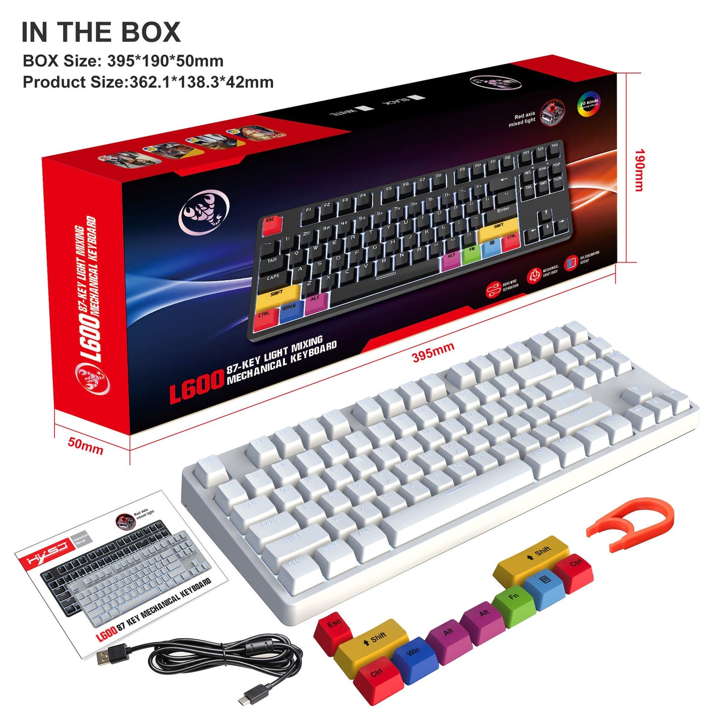 87 key wired mechanical gaming keyboard with red axis for esports and office use, with over 20 types of white light insertable shafts - Korvel