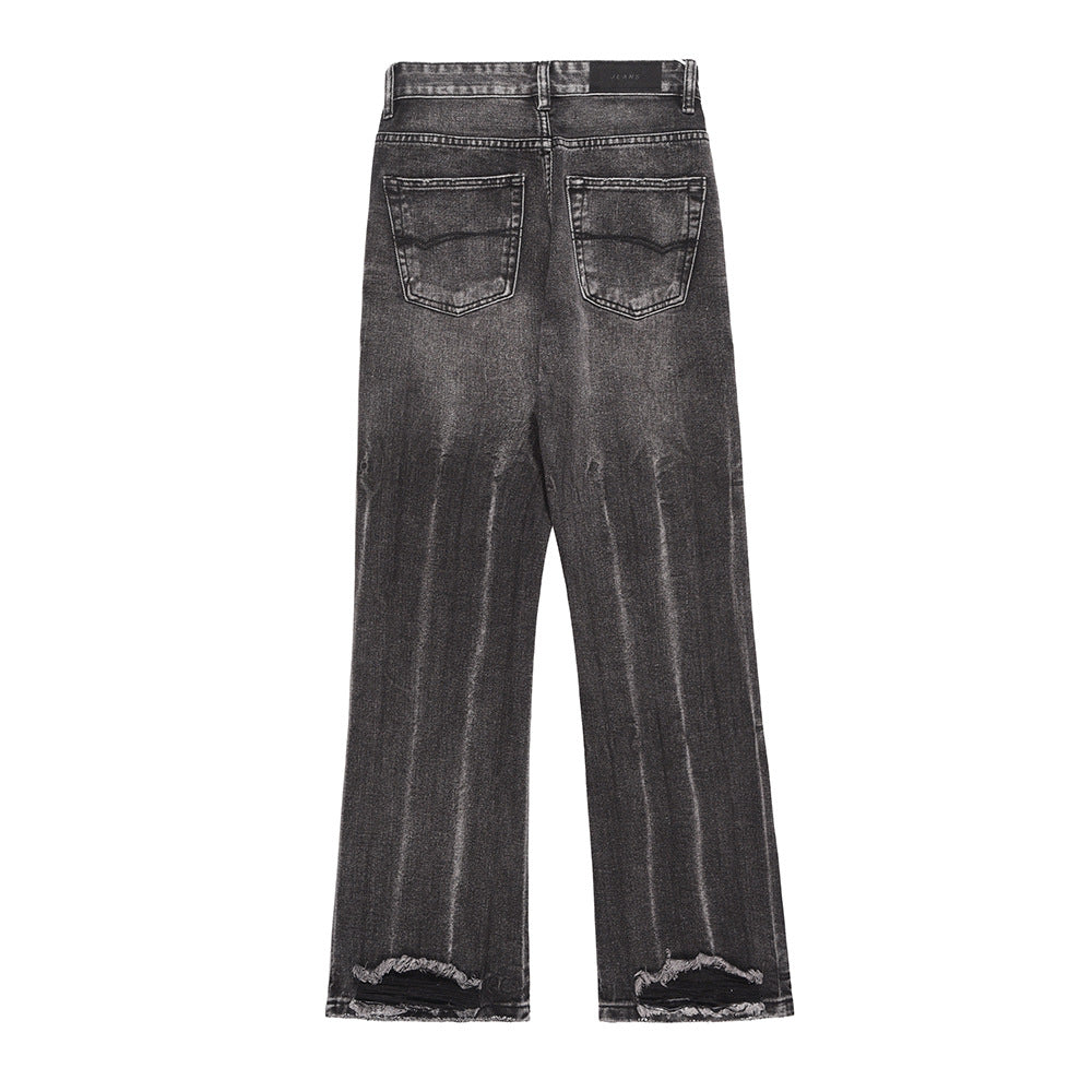 Washed Distressed Wide-Leg Jeans Men's European and American Punk INS Personalized Loose Hole Frayed Flare Pants - Korvel