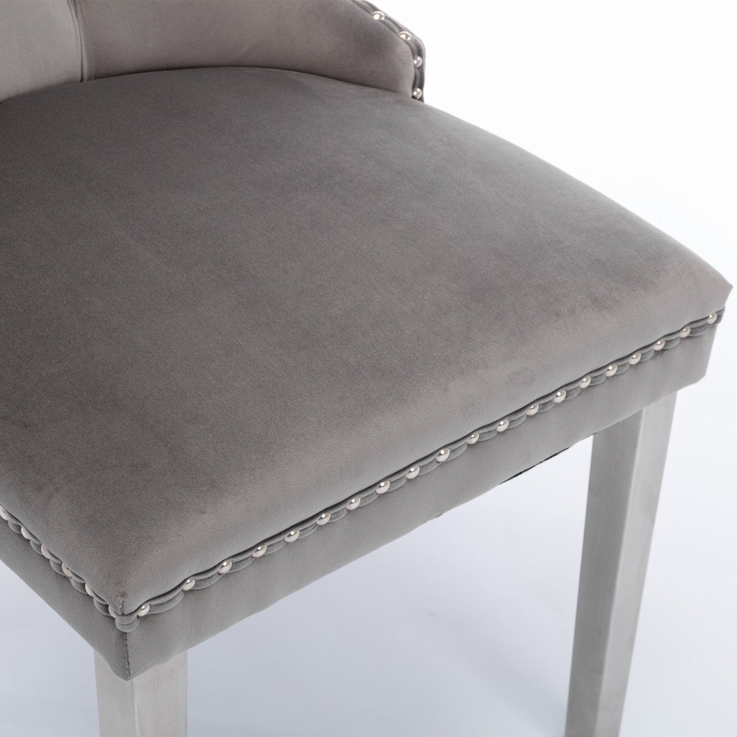 High end tufted solid wood velvet soft cushion dining chair chrome plated leg nail decoration gray and chrome two-piece set - Korvel