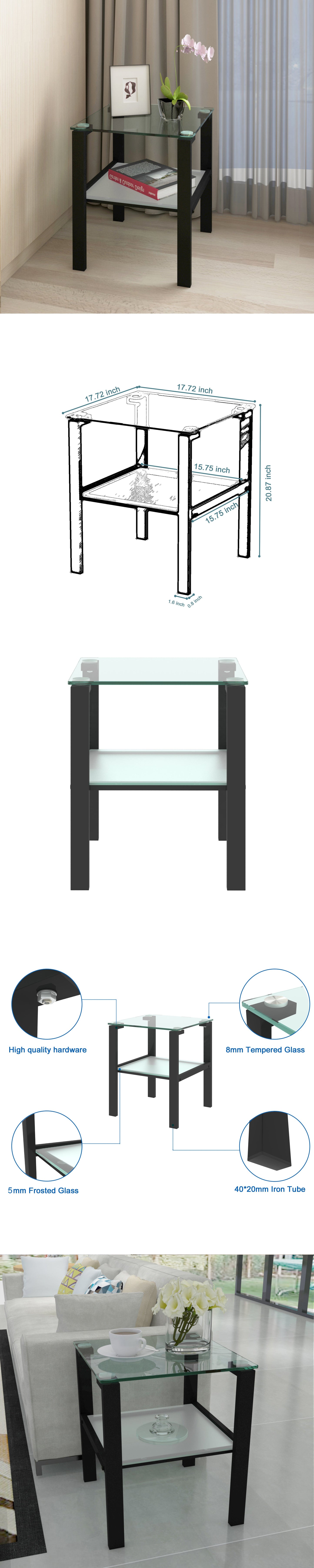 Glass two layer tea table, small round table, bedroom corner table, living room black side table - Korvel