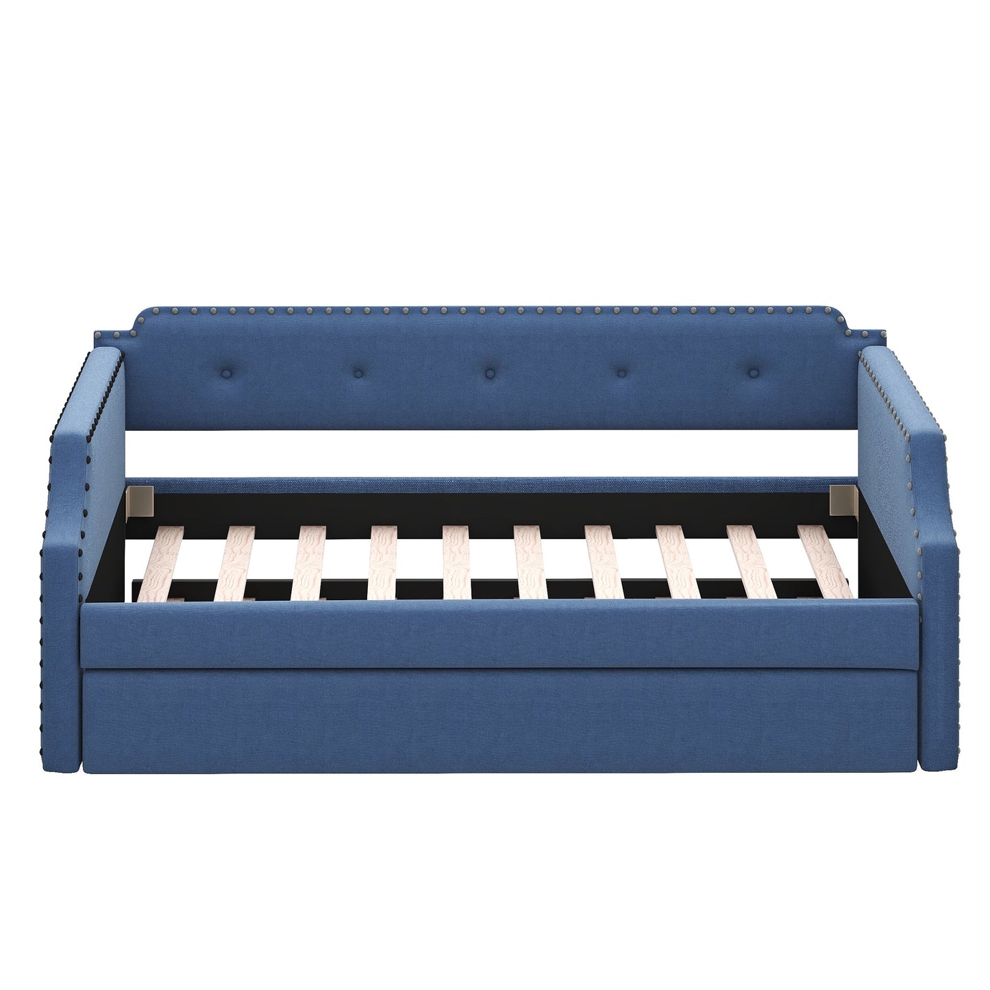 Upholstered Daybed with Trundle, Wood Slat Support,Upholstered Frame Sofa Bed Twin Blue - Korvel