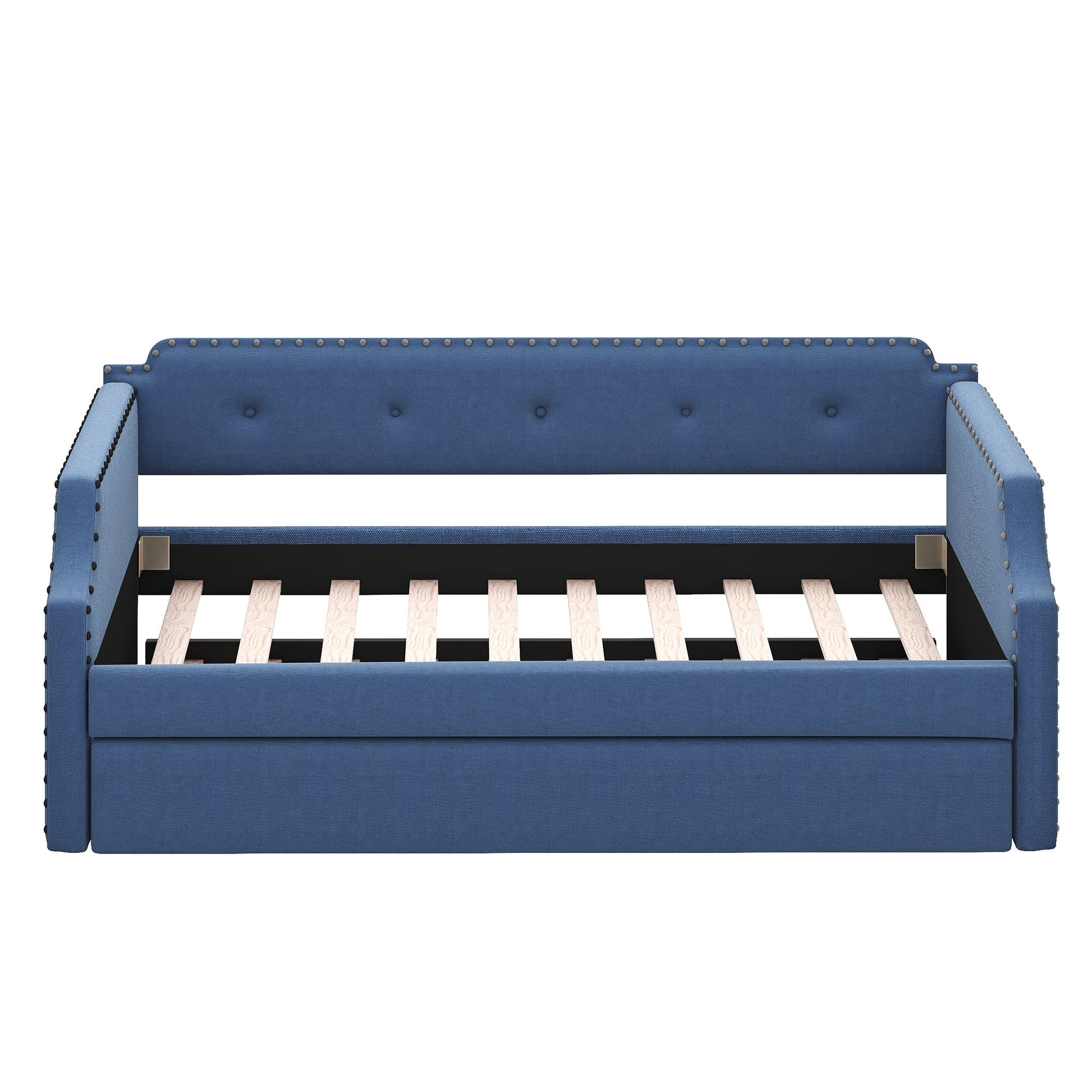 Upholstered Daybed with Trundle, Wood Slat Support,Upholstered Frame Sofa Bed Twin Blue - Korvel