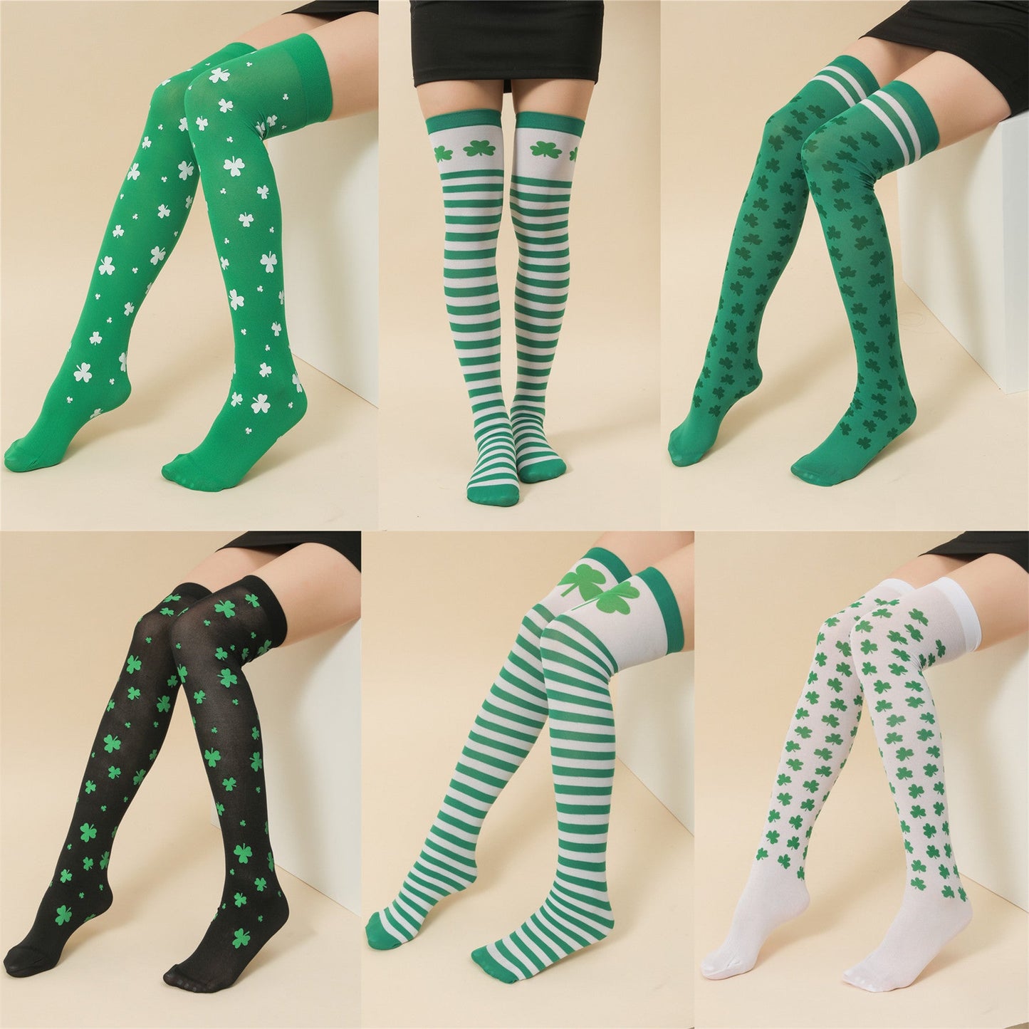 Irish Festival Green Trefoil Stockings Over the Knee Socks St Patrick's Day Party Striped Socks - Korvel